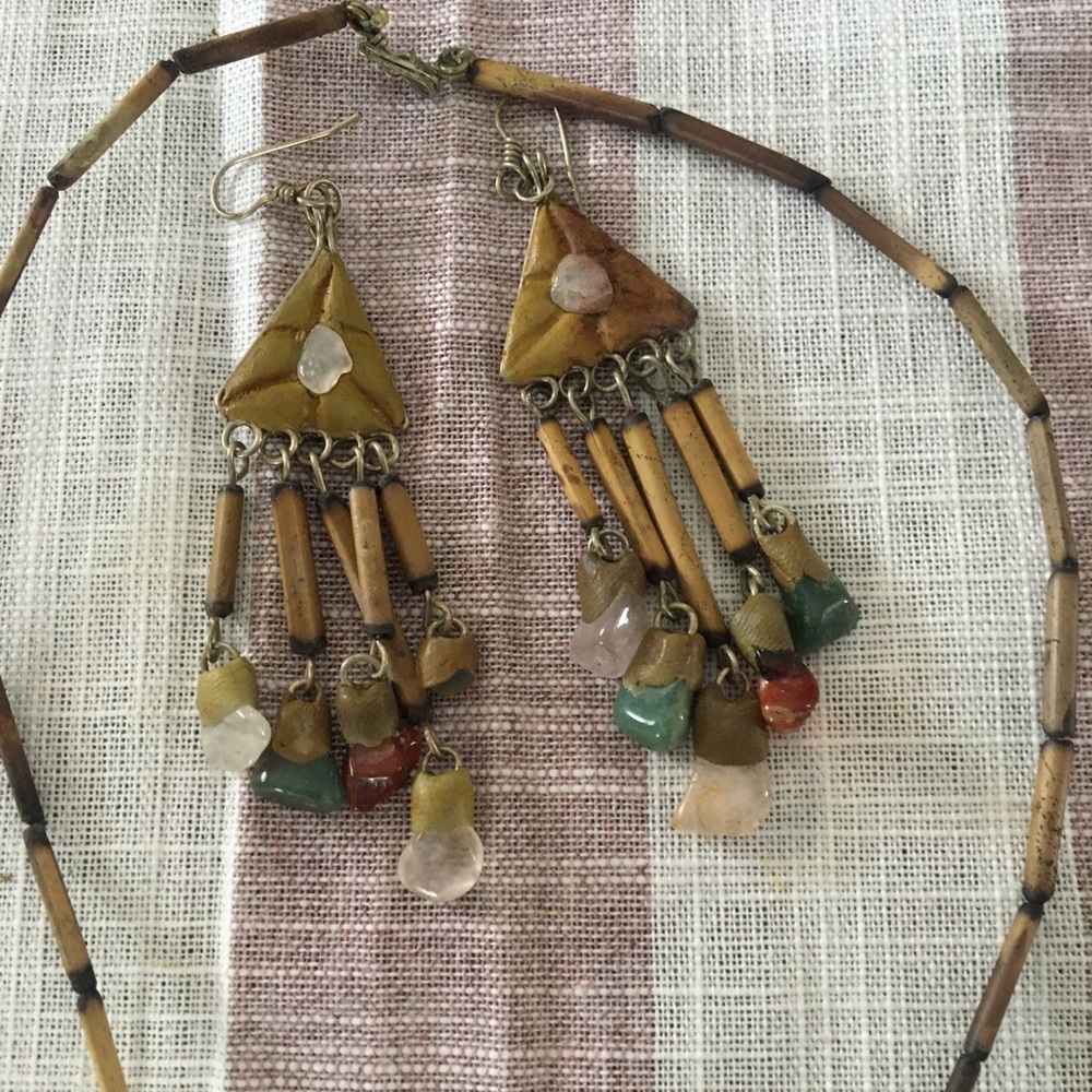Wooden and beaded earring and necklace.  Vintage.